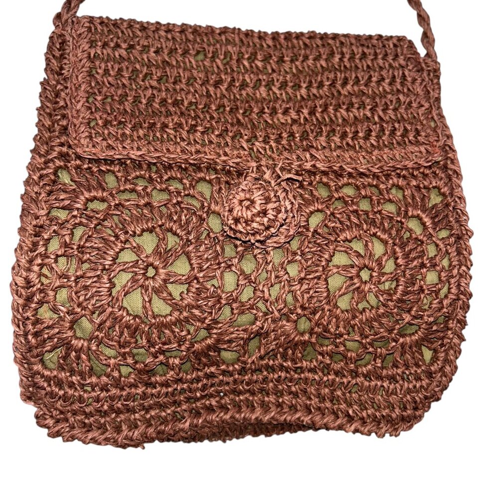 Vintage Handmade woven straw cross body flap cotton lined crossbody bag purse